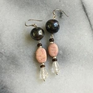 Sterling Tahitian black pearl rhodochrosite quartz crystal earrings silver